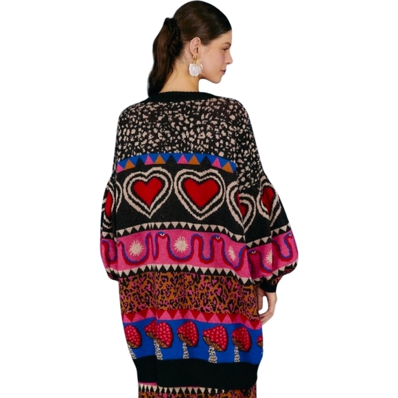 New! FARM Rio Graphic Elements Ainika Cardigan Mushroom Leopard Wool Sweater - Picture 2 of 16